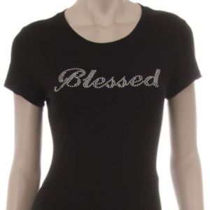 Blessed Tshirt Black Top Bling Rhinestone Slim Fit